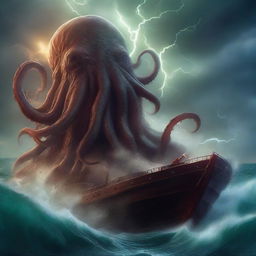 A monstrous kraken emerging from the depths of the ocean, its massive tentacles thrashing and wrapping around a doomed ship