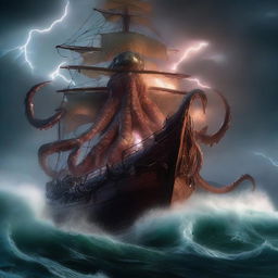 A monstrous kraken emerging from the depths of the ocean, its massive tentacles thrashing and wrapping around a doomed ship