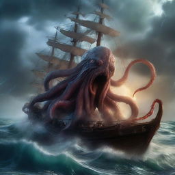 A monstrous kraken emerging from the depths of the ocean, its massive tentacles thrashing and wrapping around a doomed ship