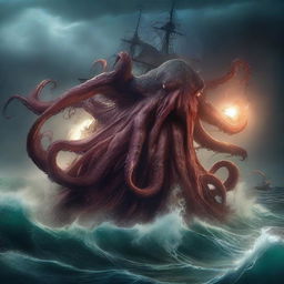 A monstrous kraken emerging from the depths of the ocean, its massive tentacles thrashing and wrapping around a doomed ship