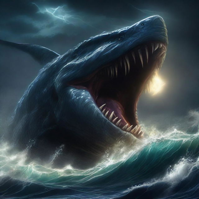 A monstrous leviathan rising from the dark depths of the ocean, its enormous body covered in scales and spikes