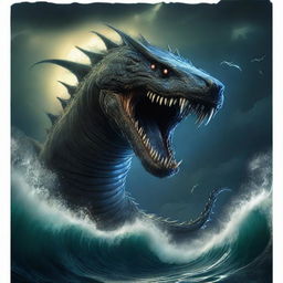 A full-body depiction of a monstrous leviathan rising from the dark depths of the ocean