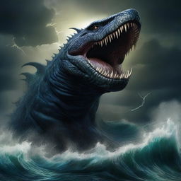 A full-body depiction of a monstrous leviathan rising from the dark depths of the ocean