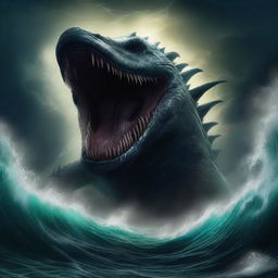 A full-body depiction of a monstrous leviathan rising from the dark depths of the ocean