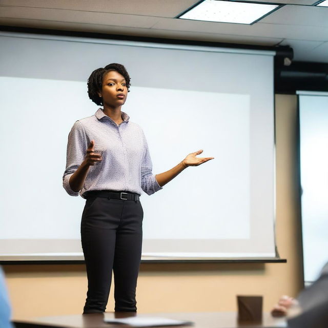 An image showing a person confidently handling a tough question during a presentation