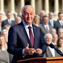 A politician standing at a podium, addressing a crowd with a confident smile