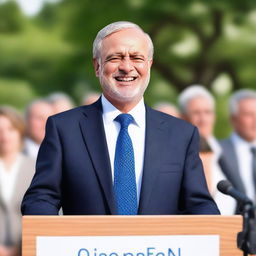 A politician standing at a podium, addressing a crowd with a confident smile