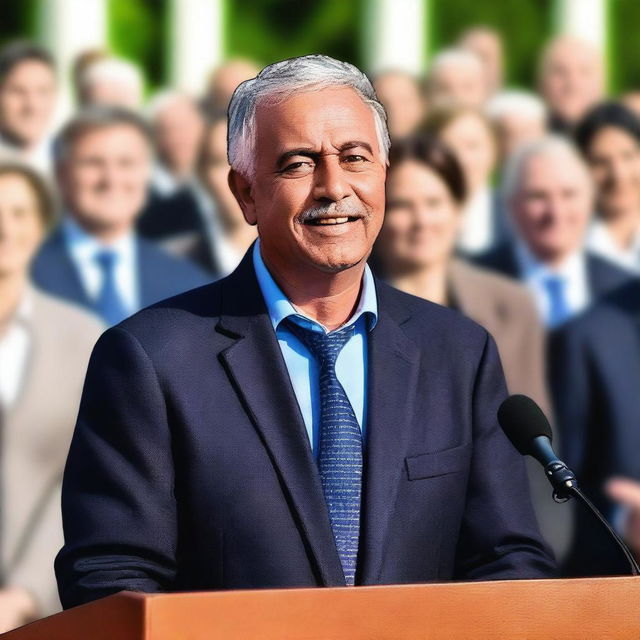 A politician standing at a podium, addressing a crowd with a confident smile