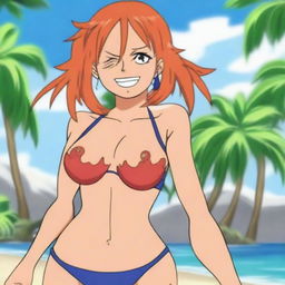 Nami from One Piece wearing a stylish bikini, standing on a sunny beach with crystal clear water and palm trees in the background