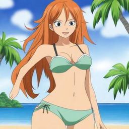 Nami from One Piece wearing a stylish bikini, standing on a sunny beach with crystal clear water and palm trees in the background