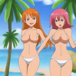 Nami from One Piece wearing a stylish bikini, standing on a sunny beach with crystal clear water and palm trees in the background