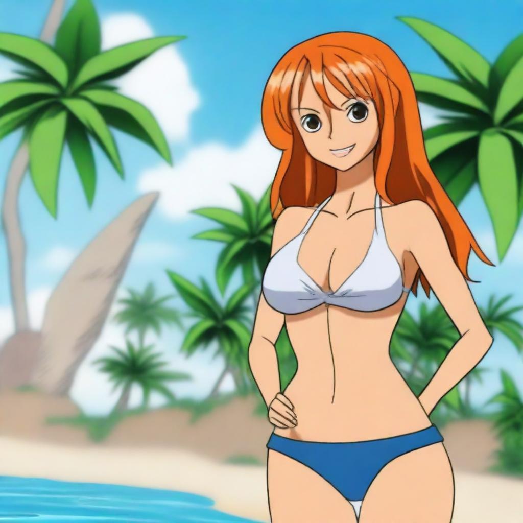 Nami from One Piece wearing a stylish bikini, standing on a sunny beach with crystal clear water and palm trees in the background