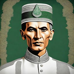 A detailed and respectful portrait of Quaid-e-Azam, the founder of Pakistan, wearing his traditional sherwani and Jinnah cap