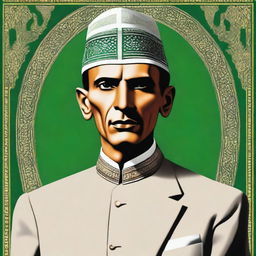 A detailed and respectful portrait of Quaid-e-Azam, the founder of Pakistan, wearing his traditional sherwani and Jinnah cap