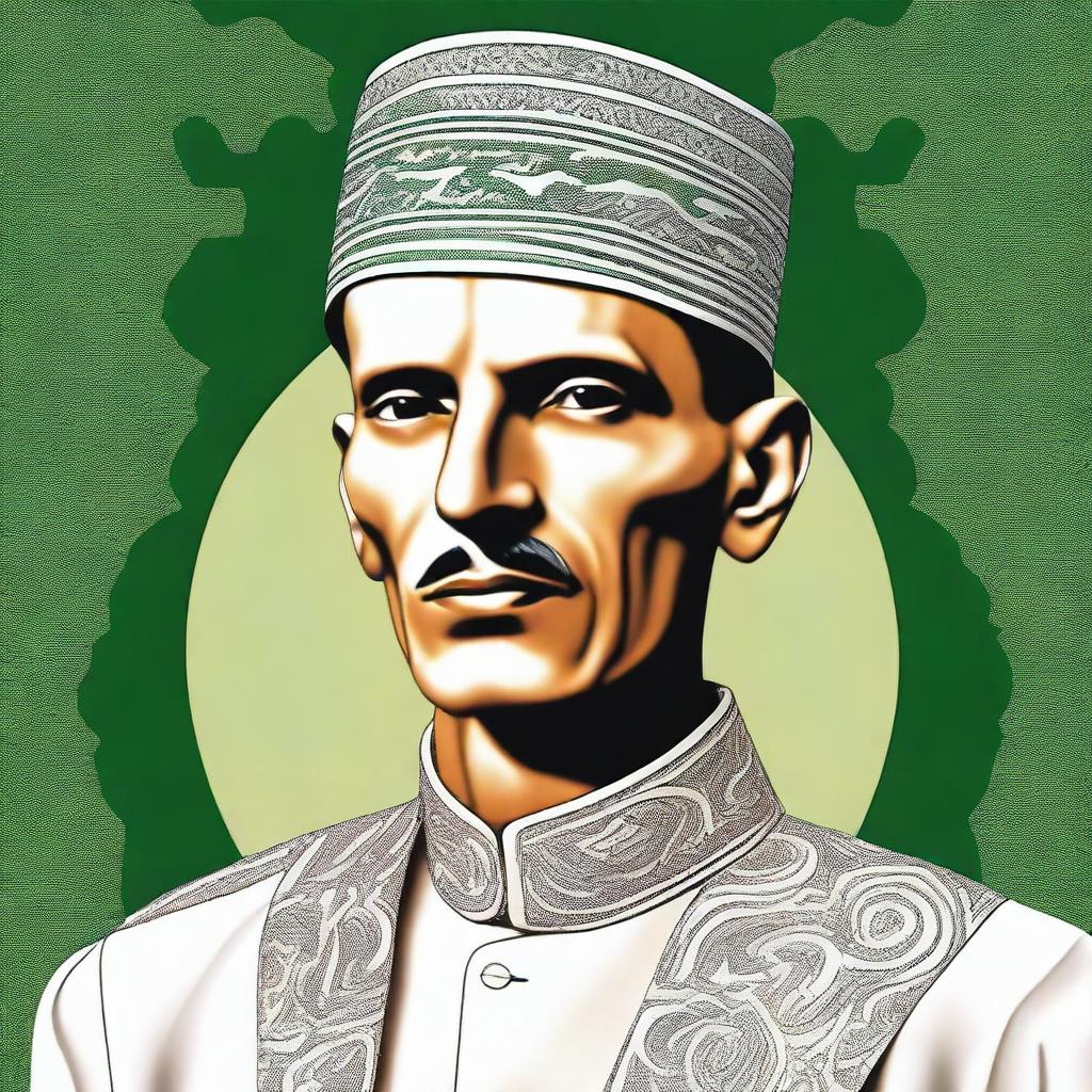 A detailed and respectful portrait of Quaid-e-Azam, the founder of Pakistan, wearing his traditional sherwani and Jinnah cap