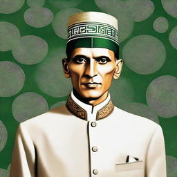 A detailed and respectful portrait of Quaid-e-Azam, the founder of Pakistan, wearing his traditional sherwani and Jinnah cap