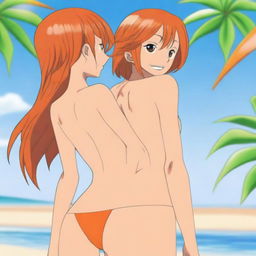 A detailed anime-style illustration of Nami from One Piece wearing an orange bikini