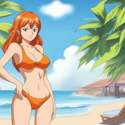 A detailed anime-style illustration of Nami from One Piece wearing an orange bikini