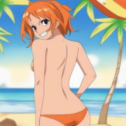 A detailed anime-style illustration of Nami from One Piece wearing an orange bikini