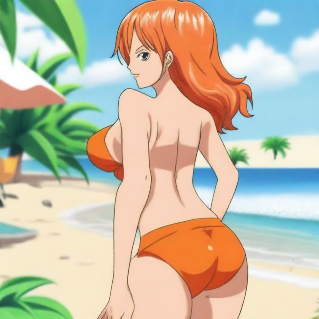 A detailed anime-style illustration of Nami from One Piece wearing an orange bikini