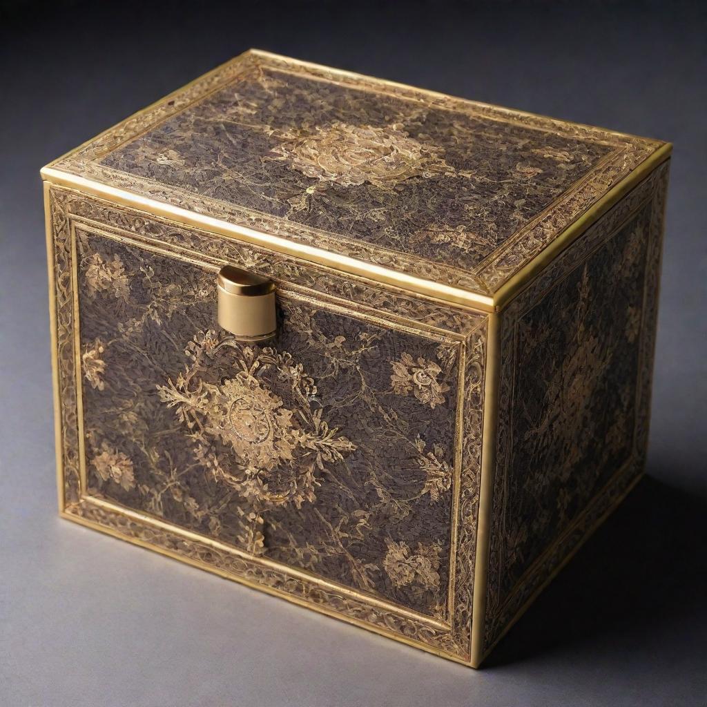 A unique pattern for a perfume box without any bottles depicted, using elements reminiscent of luxury, elegance, and scents.