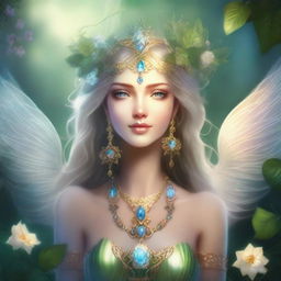 A stunning archfey goddess with ethereal beauty, surrounded by an enchanting forest