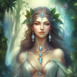 A stunning archfey goddess with ethereal beauty, surrounded by an enchanting forest