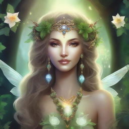 A stunning archfey goddess with ethereal beauty, surrounded by an enchanting forest