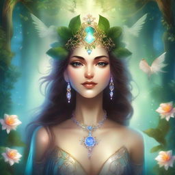 A stunning archfey goddess with ethereal beauty, surrounded by an enchanting forest