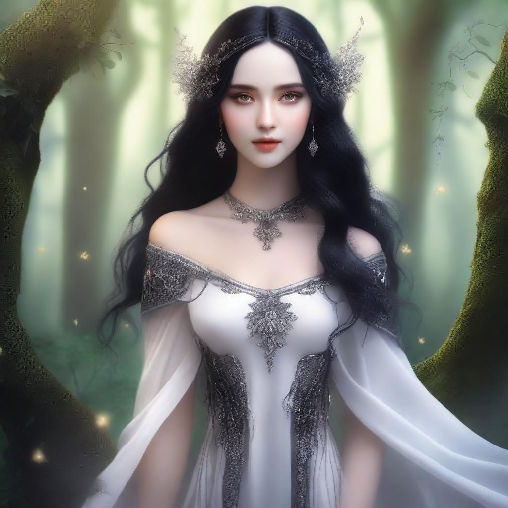 A beautiful elf with white skin, long flowing black hair, and striking black eyes