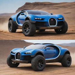 Bugatti cars reimagined as off-road vehicles, equipped with rugged tires, enhanced suspension and protective frames for tough terrains.