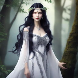 A beautiful elf with white skin, long flowing black hair, and striking black eyes