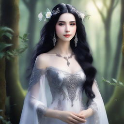 A beautiful elf with white skin, long flowing black hair, and striking black eyes