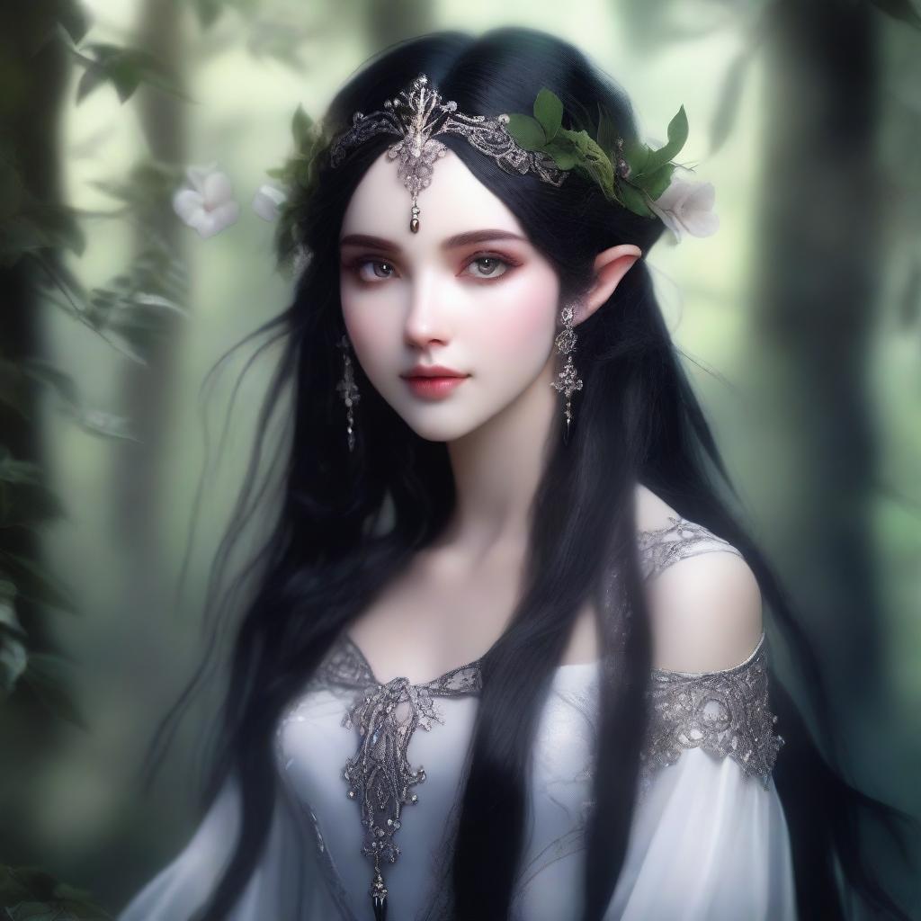 A beautiful elf with white skin, long flowing black hair, and striking black eyes