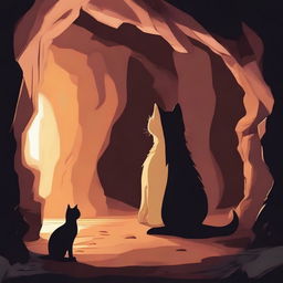 A cat looking back at a dragon in a cave