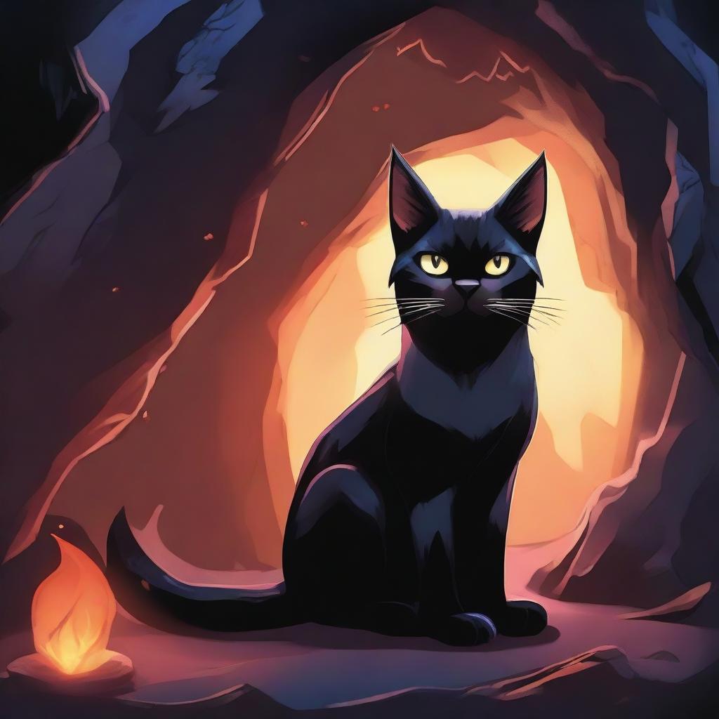 A mystical black cat with one horn looking back at a menacing dragon inside a dark, eerie cave