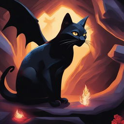 A mystical black cat with one horn looking back at a menacing dragon inside a dark, eerie cave