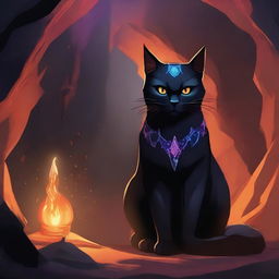 A mystical black cat with one horn looking back at a menacing dragon inside a dark, eerie cave