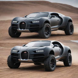 Bugatti cars reimagined as off-road vehicles, equipped with rugged tires, enhanced suspension and protective frames for tough terrains.