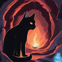 A mystical black cat with one horn looking back at a menacing dragon inside a dark, eerie cave