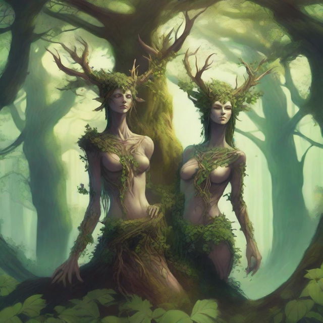 A detailed fantasy illustration of spriggans, mystical forest spirits known for their connection to nature