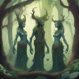 A detailed fantasy illustration of spriggans, mystical forest spirits known for their connection to nature