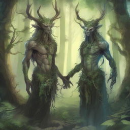 A detailed fantasy illustration of spriggans, mystical forest spirits known for their connection to nature