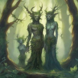 A detailed fantasy illustration of spriggans, mystical forest spirits known for their connection to nature