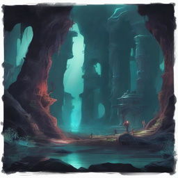 A detailed fantasy illustration of the Underdark, a vast subterranean world filled with dark caverns, glowing fungi, and mysterious creatures