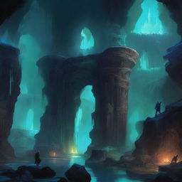 A detailed fantasy illustration of the Underdark, a vast subterranean world filled with dark caverns, glowing fungi, and mysterious creatures