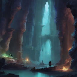 A detailed fantasy illustration of the Underdark, a vast subterranean world filled with dark caverns, glowing fungi, and mysterious creatures