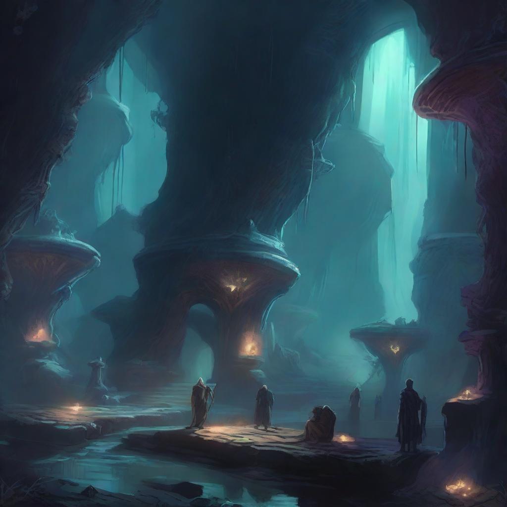 A detailed fantasy illustration of the Underdark, a vast subterranean world filled with dark caverns, glowing fungi, and mysterious creatures