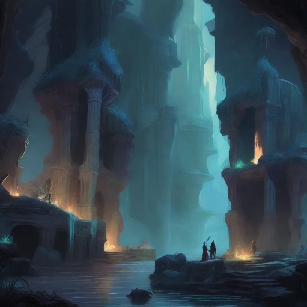 A detailed fantasy illustration of the Underdark, a vast subterranean world filled with dark caverns, glowing fungi, and mysterious creatures