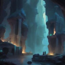 A detailed fantasy illustration of the Underdark, a vast subterranean world filled with dark caverns, glowing fungi, and mysterious creatures